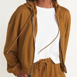 Long Sleeve Camel Vintage Cropped Hoodie with elasticized waist ,